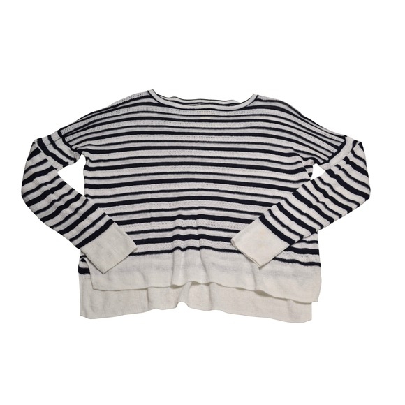 Cynthia Rowley Striped Preppy Casual Linen Cozy Spring Sweater Navy White Beach - Picture 4 of 6